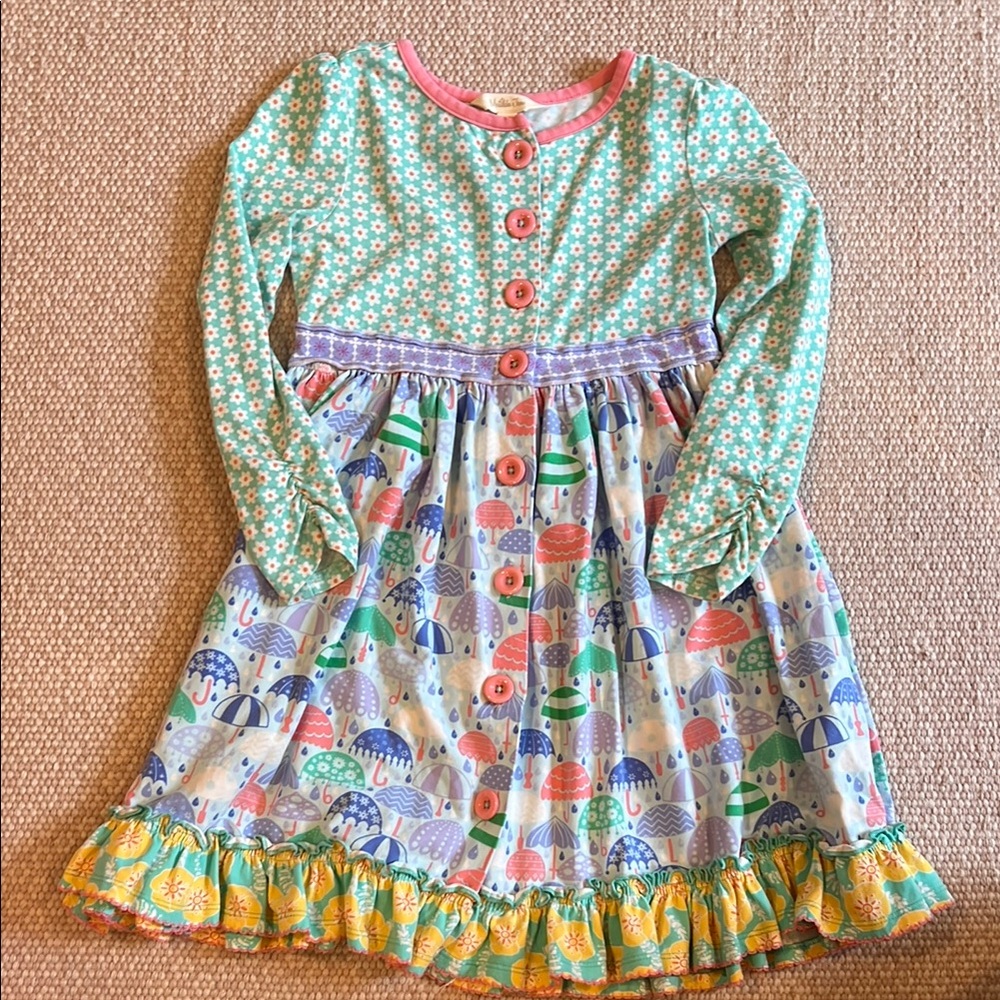 Matilda Jane Kids Dress with Green and Multicolor Patterns